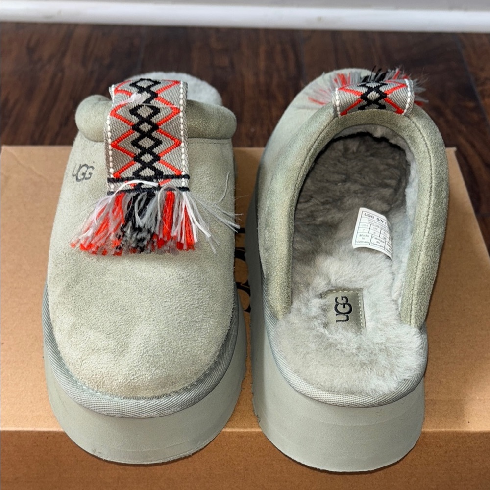 UGG Gray Suede Slippers with Embroidered Detail